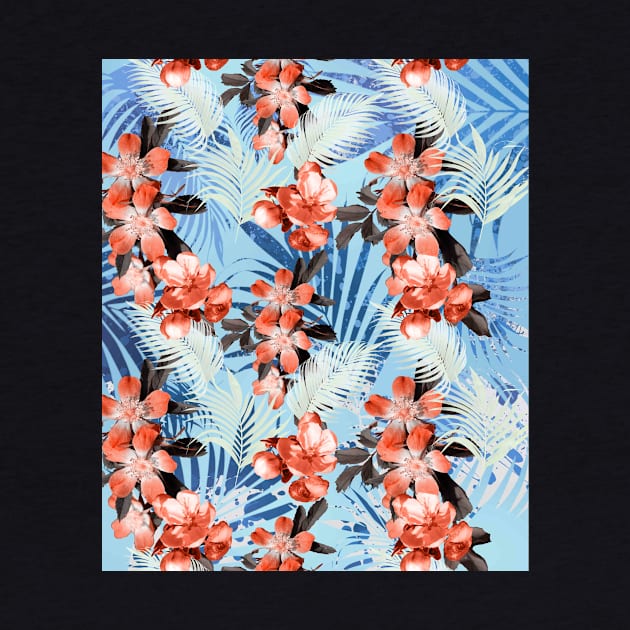 Palm Leaves And Flowers, Red Blue by Random Galaxy